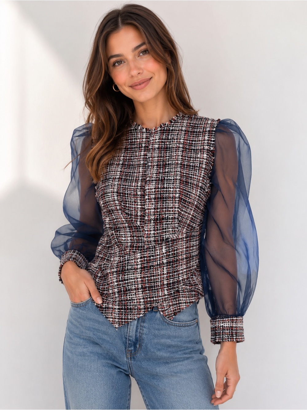 ZARA Tweed Plaid Shirt with Sheer Organza Sleeves Womens- small- NWT